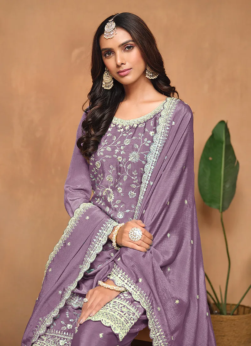 Purple Embroidery Festive Palazzo Suit