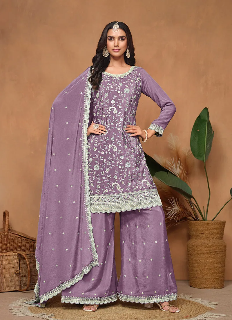 Purple Embroidery Festive Palazzo Suit