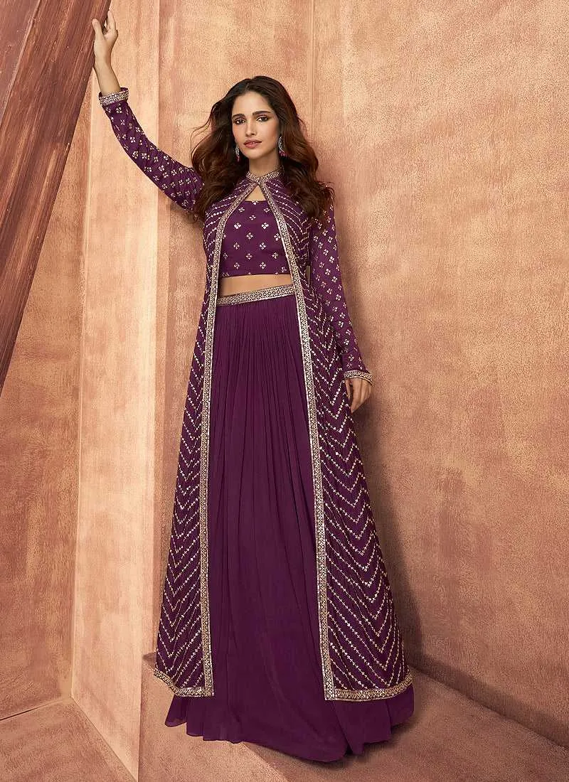 Purple Sequin Embroidered Stylish Jacket Style Lehenga