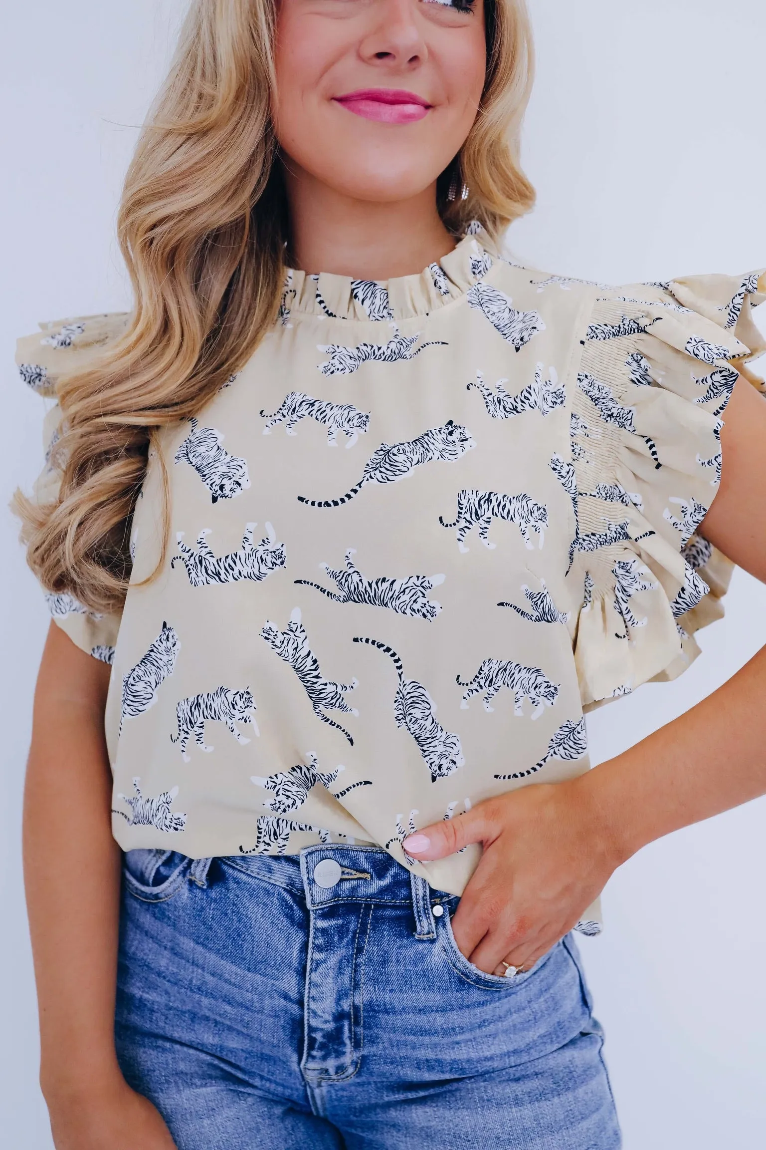 Rajah Ruffle Sleeve Printed Top - Taupe