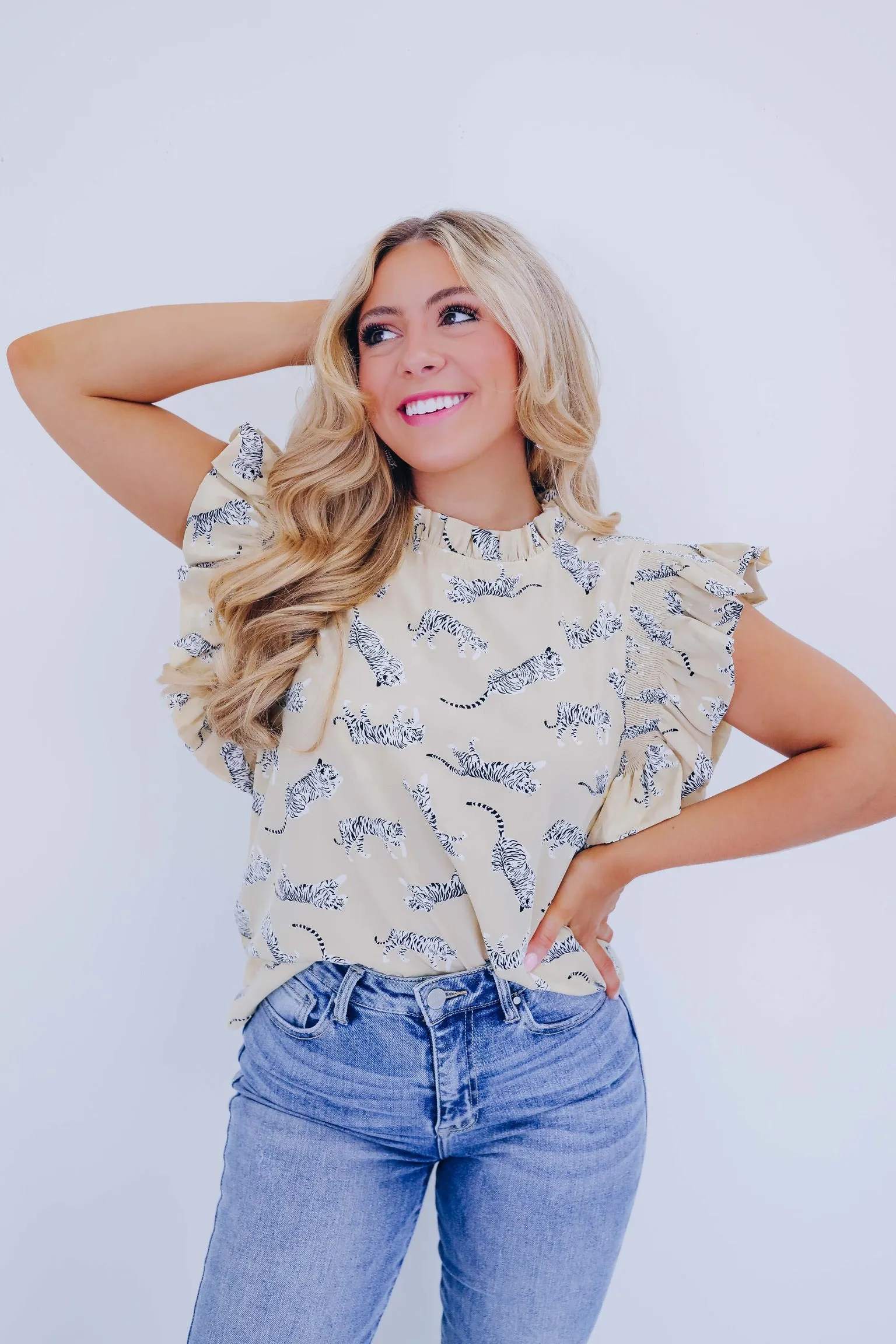 Rajah Ruffle Sleeve Printed Top - Taupe