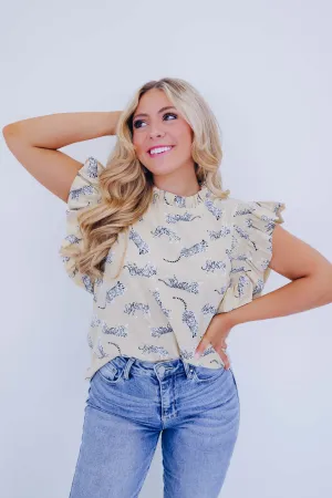 Rajah Ruffle Sleeve Printed Top - Taupe