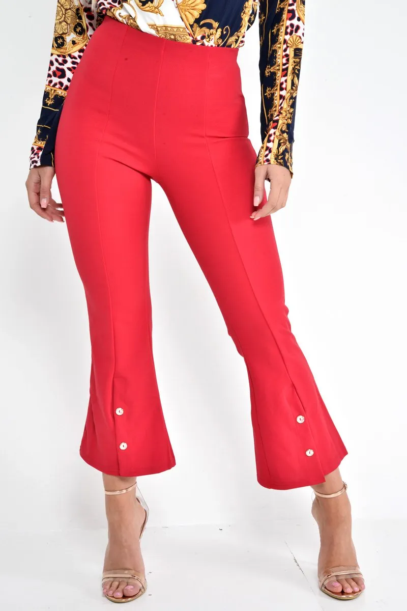 Red Cropped Bell Button Bottom Trousers - Daisie