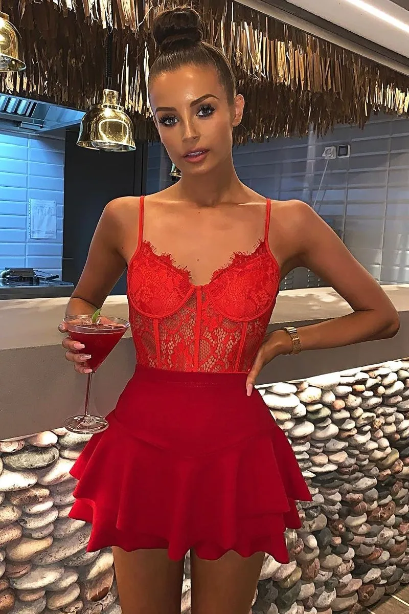 Red Frill High Waisted Shorts - Claudelle