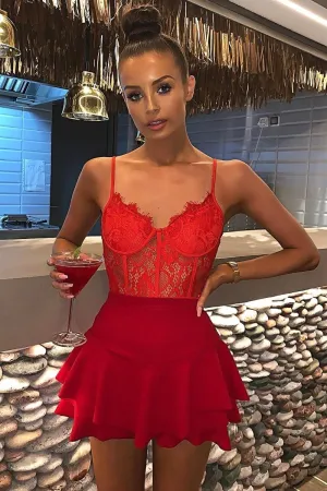 Red Frill High Waisted Shorts - Claudelle