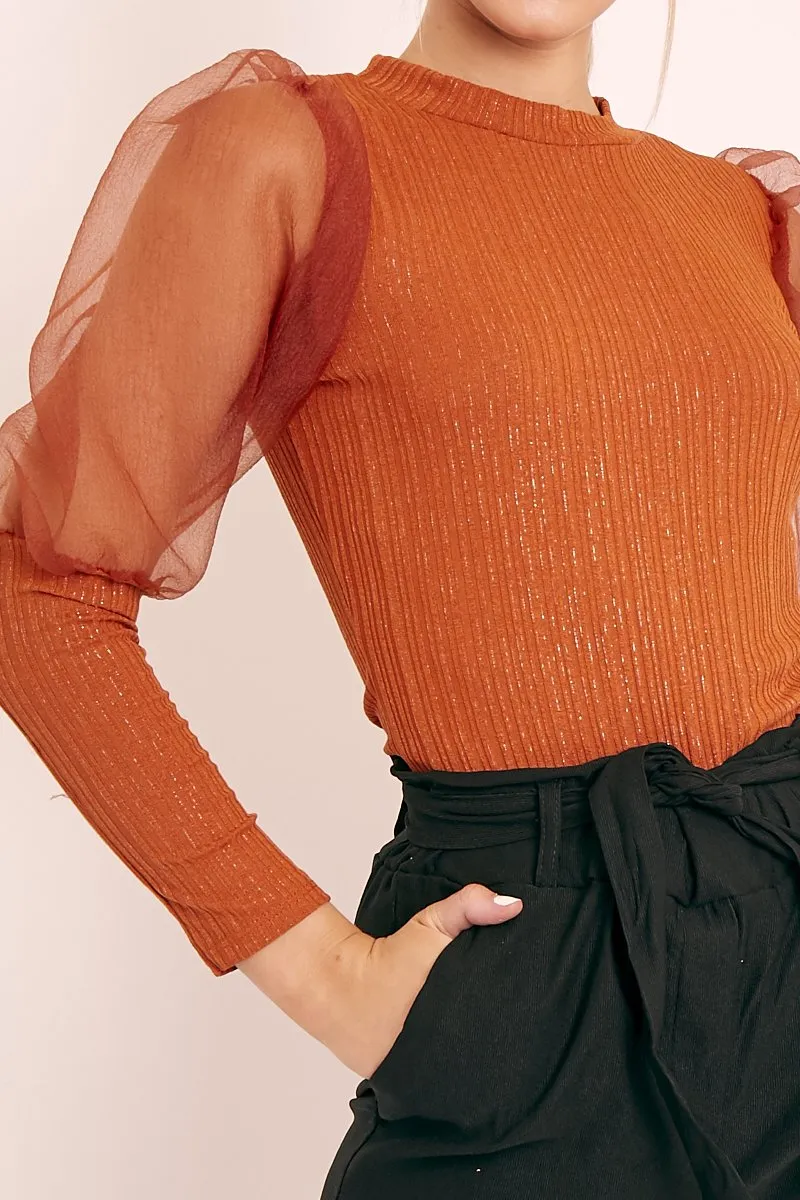 Rust Metallic Puff Sleeve High Neck Top - Blaike