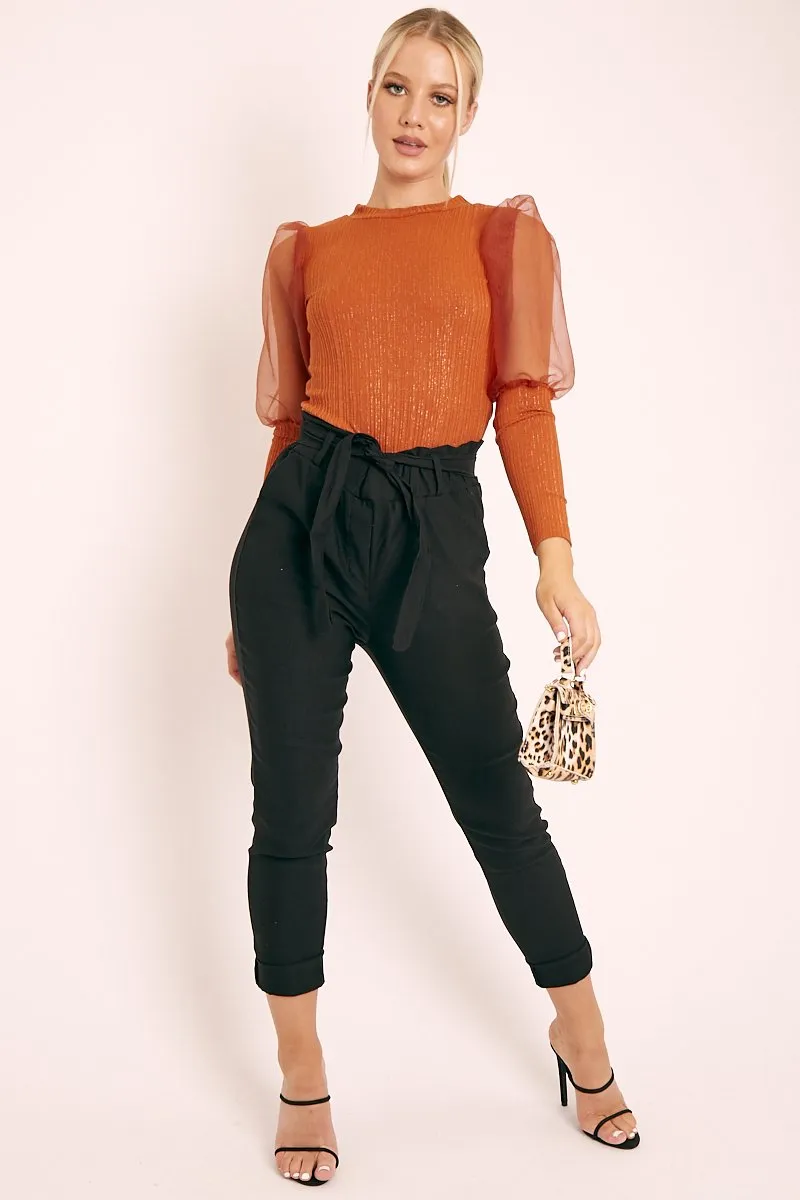 Rust Metallic Puff Sleeve High Neck Top - Blaike