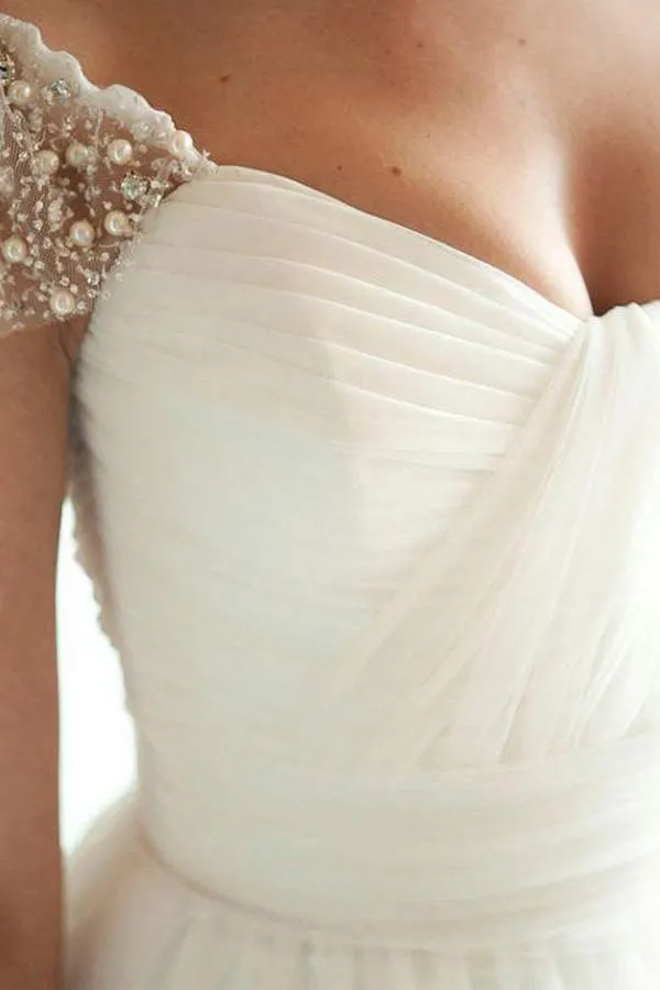Scoop Cap Sleeves Beading Pleated Wedding Dress with Beading WD106