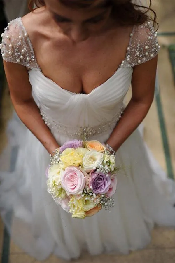 Scoop Cap Sleeves Beading Pleated Wedding Dress with Beading WD106