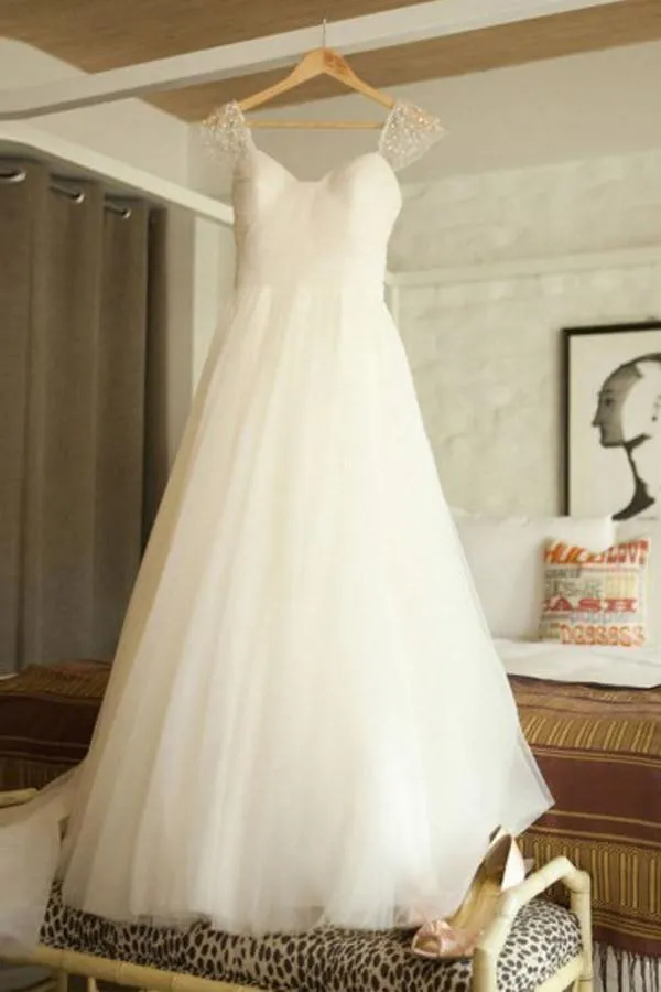 Scoop Cap Sleeves Beading Pleated Wedding Dress with Beading WD106