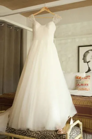 Scoop Cap Sleeves Beading Pleated Wedding Dress with Beading WD106