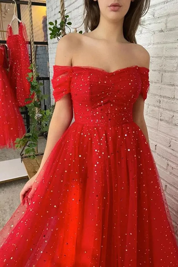Simple Red Off Shoulder Tulle Long Prom Dress Red Evening Dress TP1130