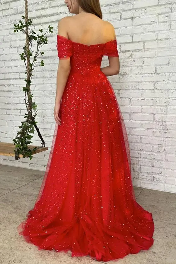 Simple Red Off Shoulder Tulle Long Prom Dress Red Evening Dress TP1130
