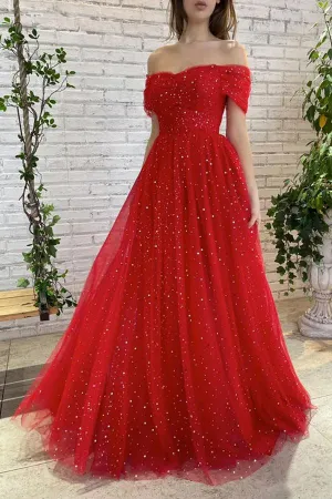 Simple Red Off Shoulder Tulle Long Prom Dress Red Evening Dress TP1130