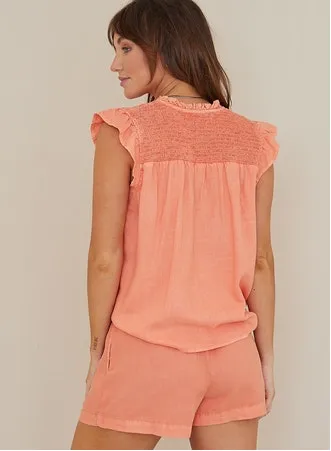 SLEEVELESS SMOCKED RUFFLE TOP