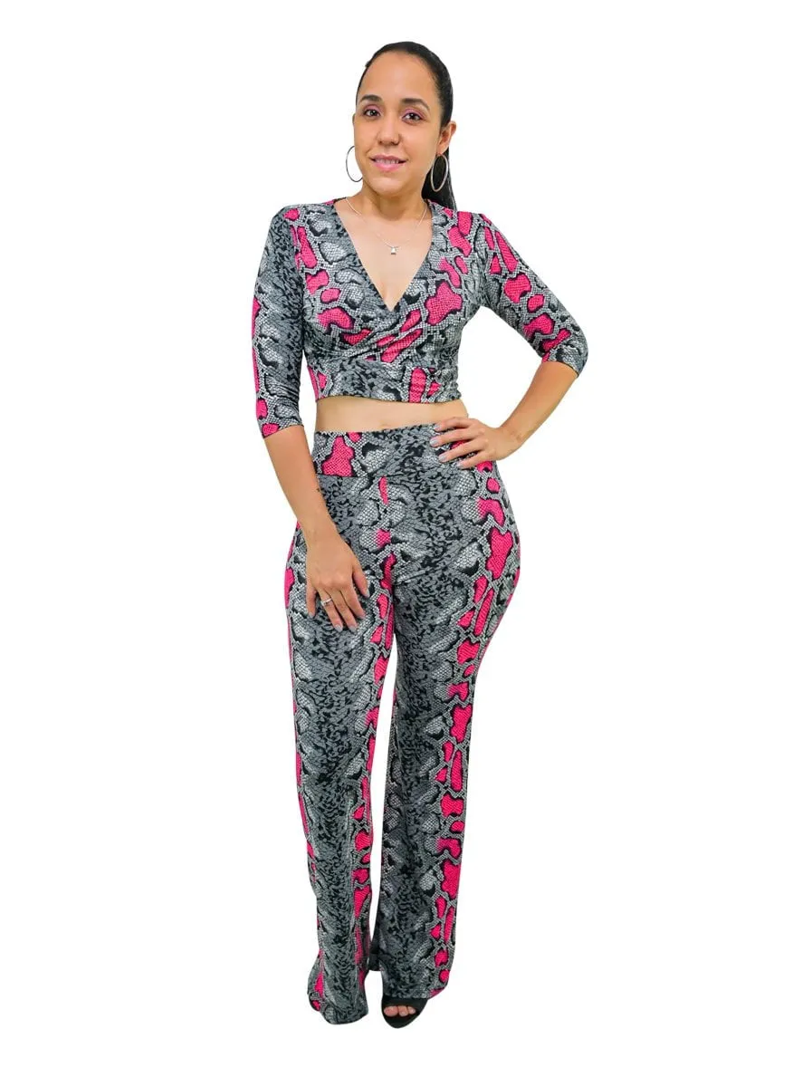 Snakeskin V-Neck Matching Sets Outfits