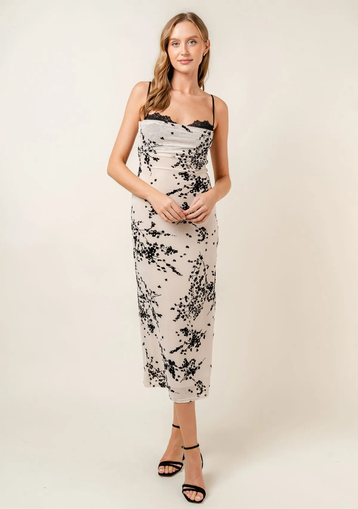 Spaghetti Bra Cup Mesh Velvet Burn Out Midi Dress