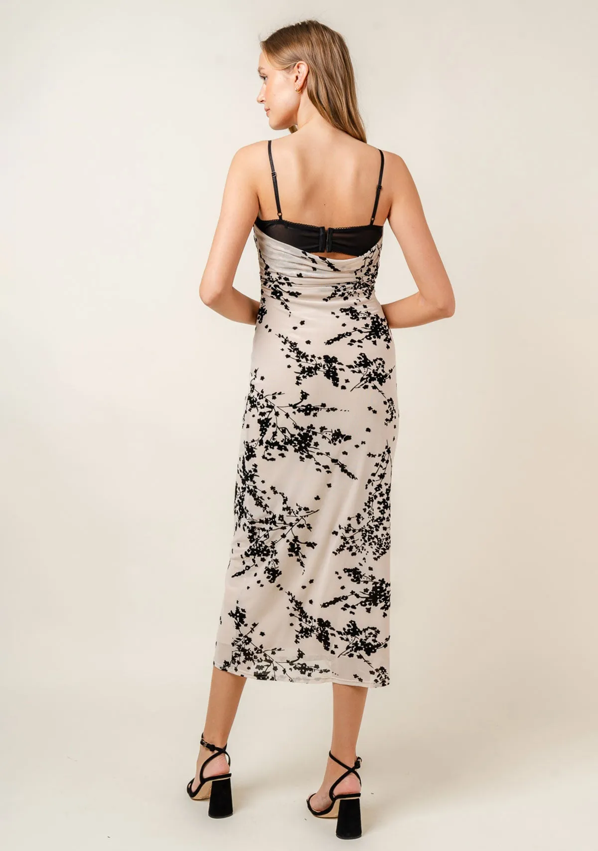 Spaghetti Bra Cup Mesh Velvet Burn Out Midi Dress