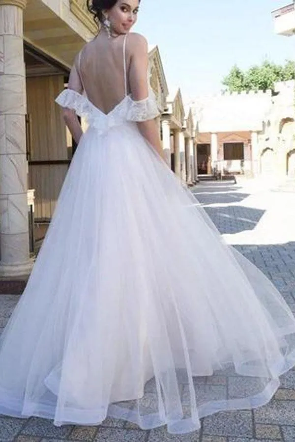 Spaghetti Straps Lace Dropped Sleeves Tulle A Line Beach Wedding Dress TN117