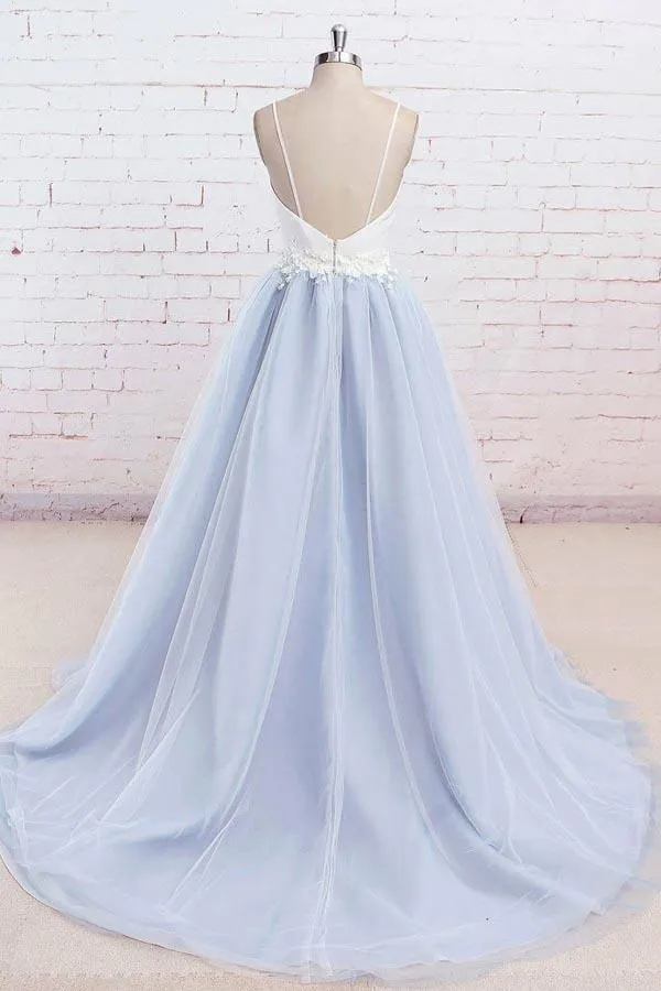 Spaghetti Straps Sweep Train Backless Lavender Tulle Prom Dress PG498