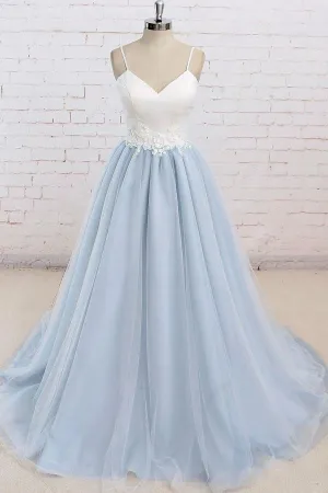 Spaghetti Straps Sweep Train Backless Lavender Tulle Prom Dress PG498
