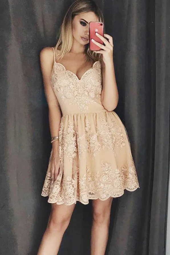 Stylish A Line Spaghetti Straps Short Homecoming Dress with Lace Appliques OKD14