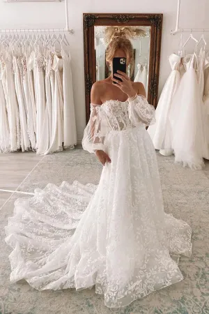 Sweetheart Bohemian Lace Wedding Dress With Detachable Puff Sleeves TN357