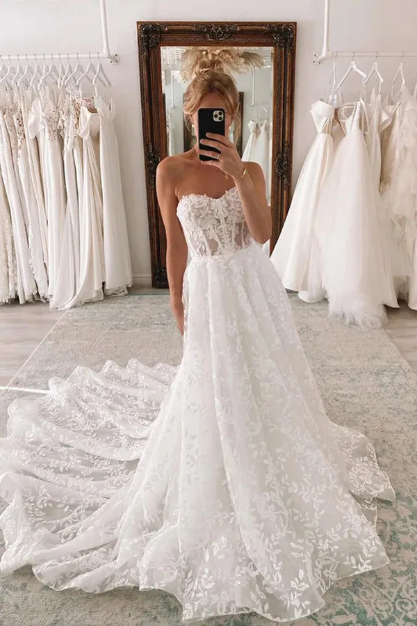 Sweetheart Bohemian Lace Wedding Dress With Detachable Puff Sleeves TN357