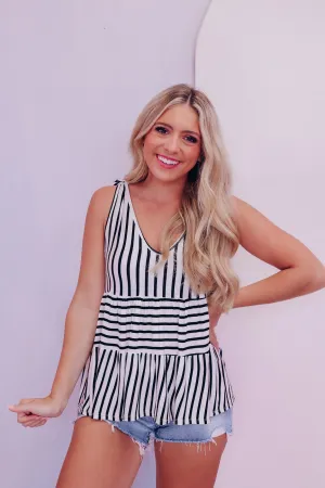 Talia Tie Top Striped Babydoll Top - Black