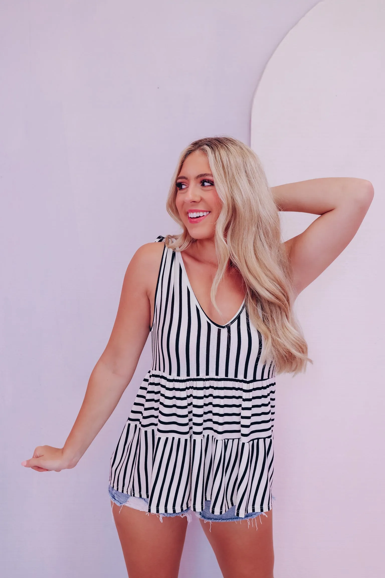 Talia Tie Top Striped Babydoll Top - Black