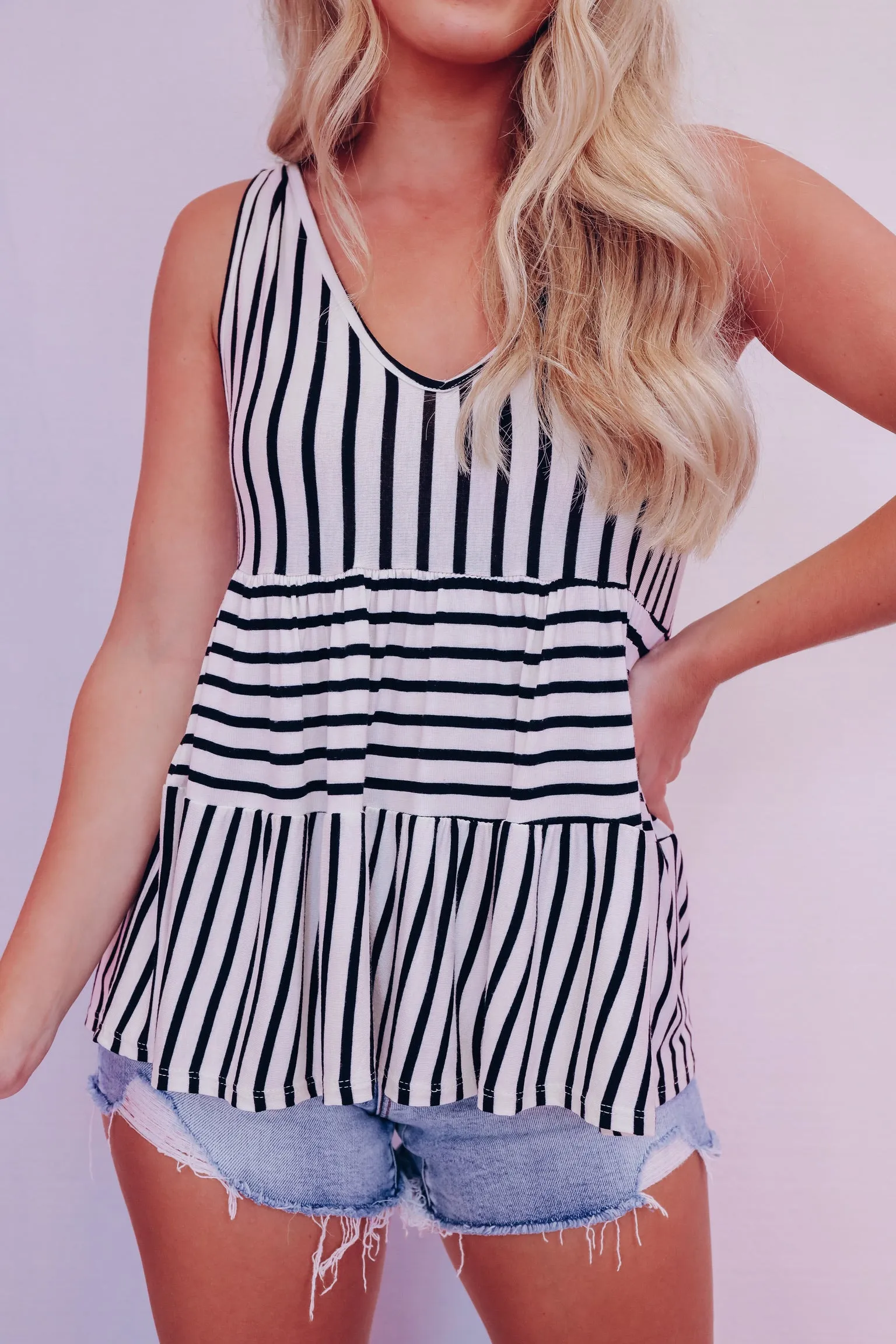 Talia Tie Top Striped Babydoll Top - Black