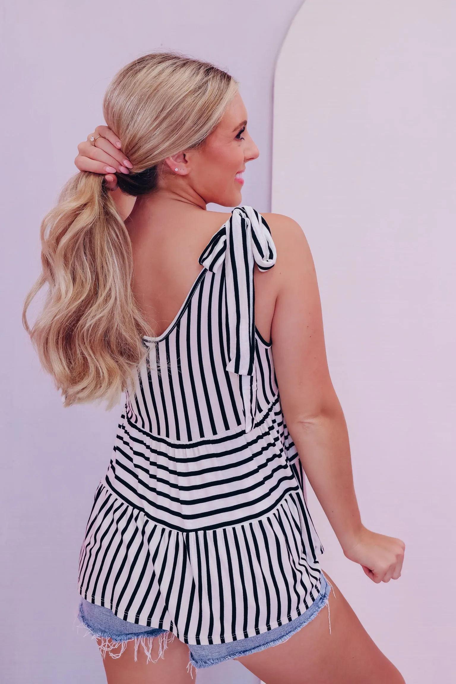 Talia Tie Top Striped Babydoll Top - Black