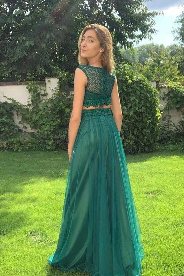 Tulle Scoop Neckline 2 Pieces Evening Gown Prom Dresses With Appliqued  PSK245