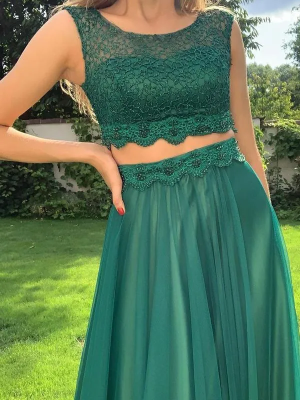 Tulle Scoop Neckline 2 Pieces Evening Gown Prom Dresses With Appliqued  PSK245