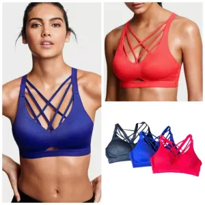 Victoria's Secret Sport Strappy Sports Bras Bundle of 3 Size 36B Black Blue Red
