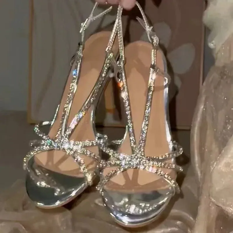 VougeVamp Shiny Rhinestone High-Heeled Sandals – Elegant Open-Toe Pointed Bridal Shoes for Weddings & Special Occasions
