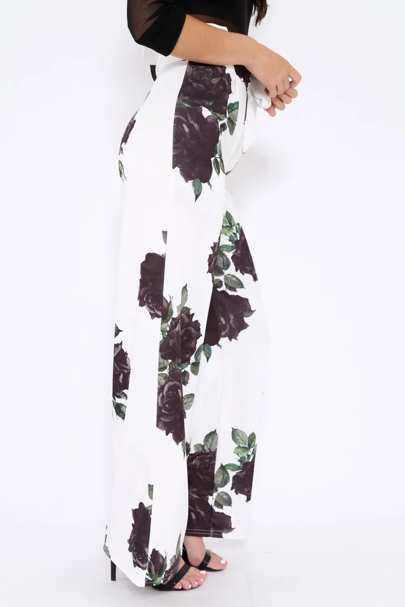 White and Black Floral Paper Bag Tie Waist Wide Leg Trousers - Kennedy