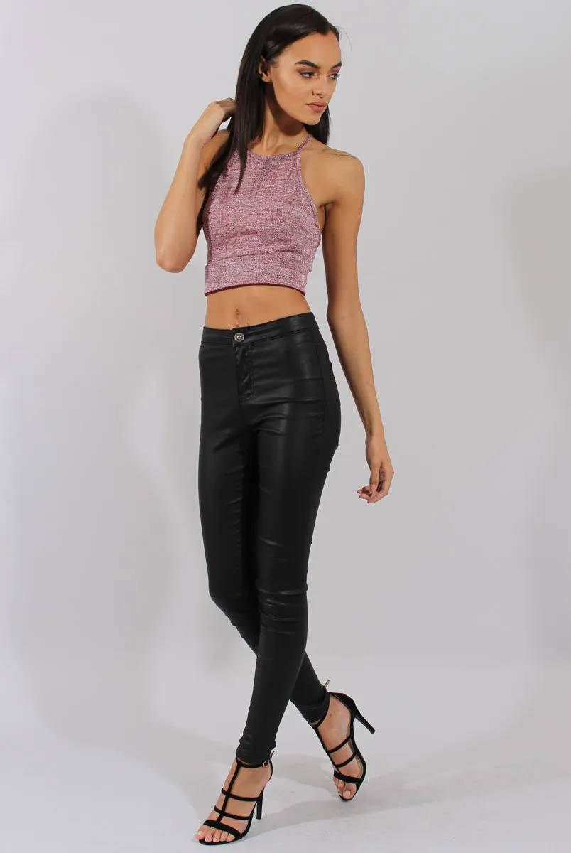 Wine Sparkle Halter Neck Crop Top - Charla