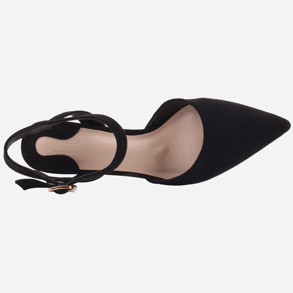 Women "NONA" Pointed Toe Ankle Strap Suede Slip On Heel Sandals