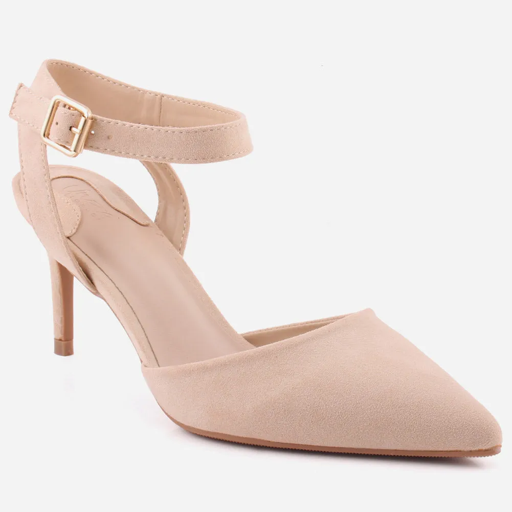 Women "NONA" Pointed Toe Ankle Strap Suede Slip On Heel Sandals