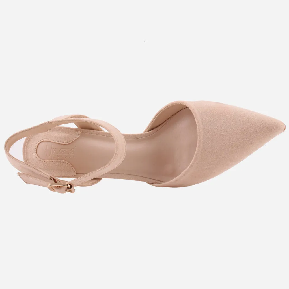 Women "NONA" Pointed Toe Ankle Strap Suede Slip On Heel Sandals