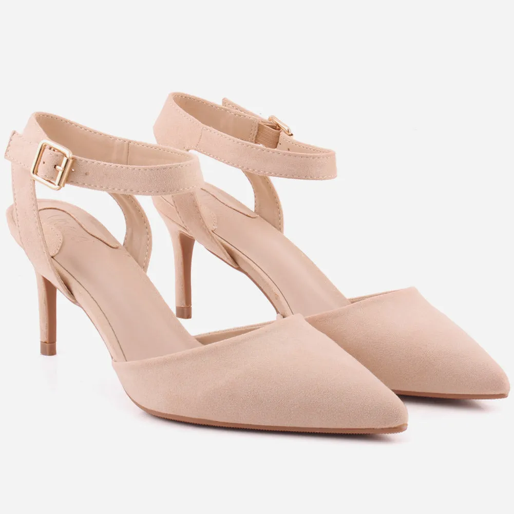 Women "NONA" Pointed Toe Ankle Strap Suede Slip On Heel Sandals
