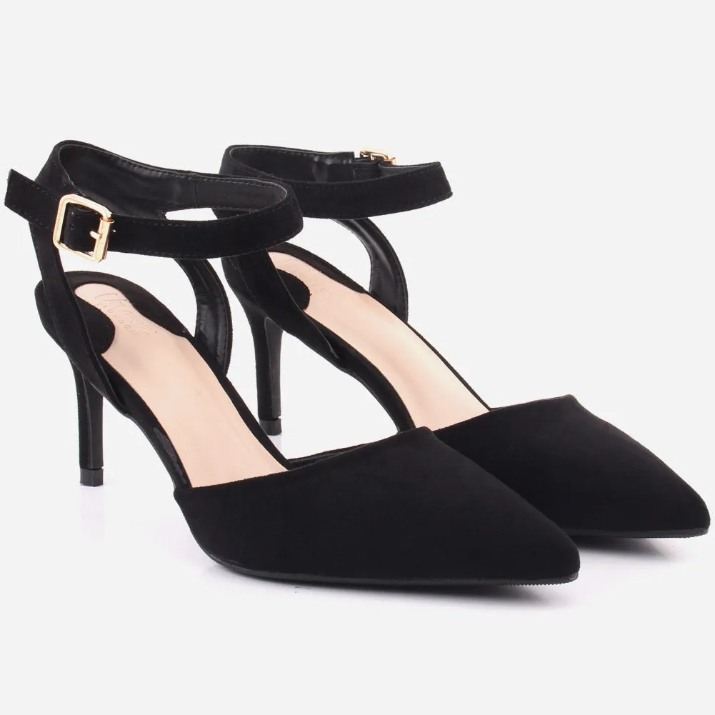 Women "NONA" Pointed Toe Ankle Strap Suede Slip On Heel Sandals