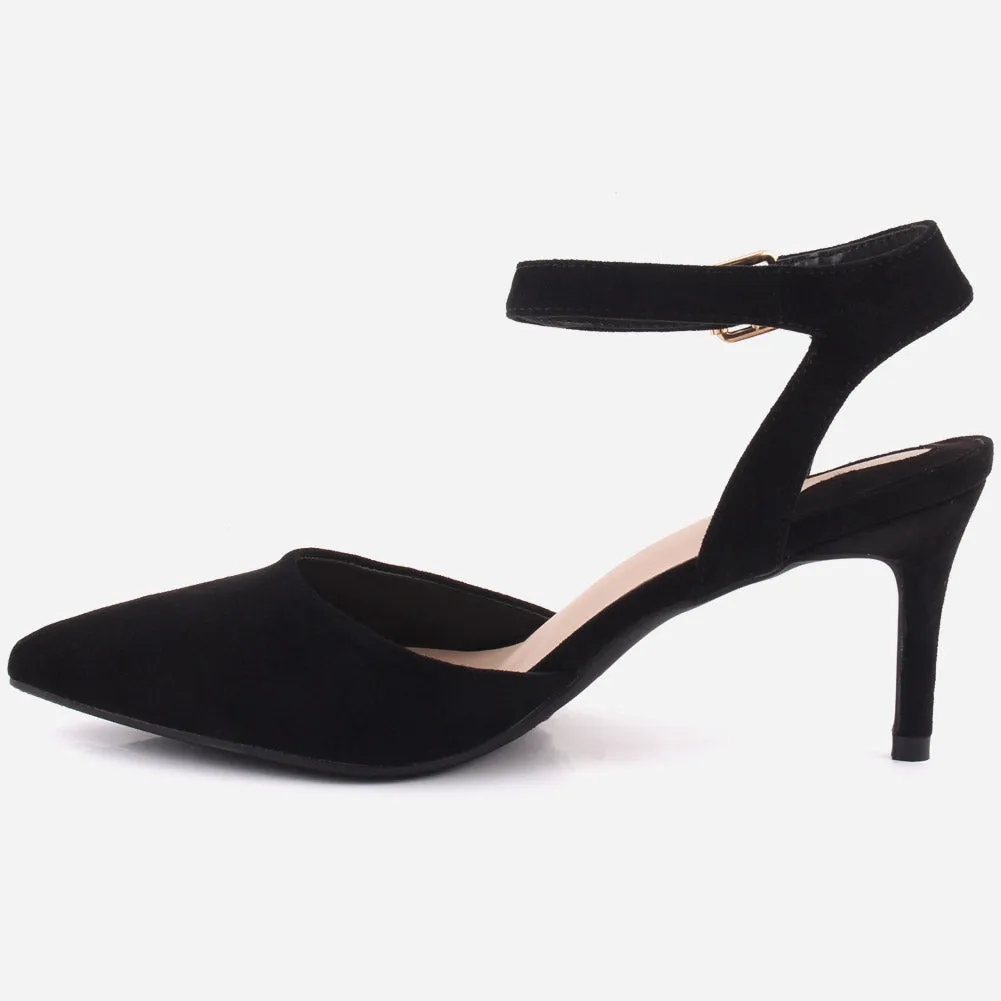 Women "NONA" Pointed Toe Ankle Strap Suede Slip On Heel Sandals