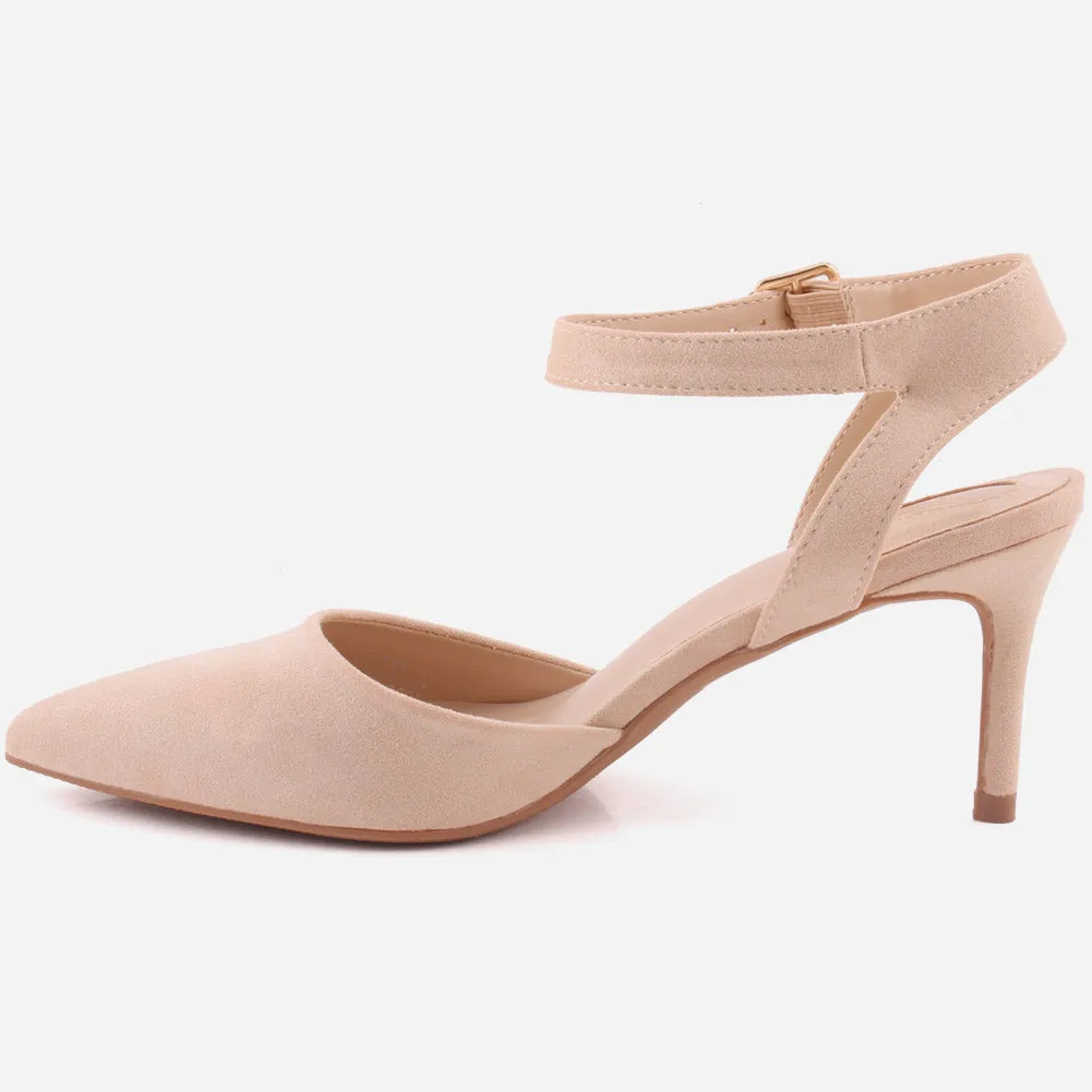 Women "NONA" Pointed Toe Ankle Strap Suede Slip On Heel Sandals