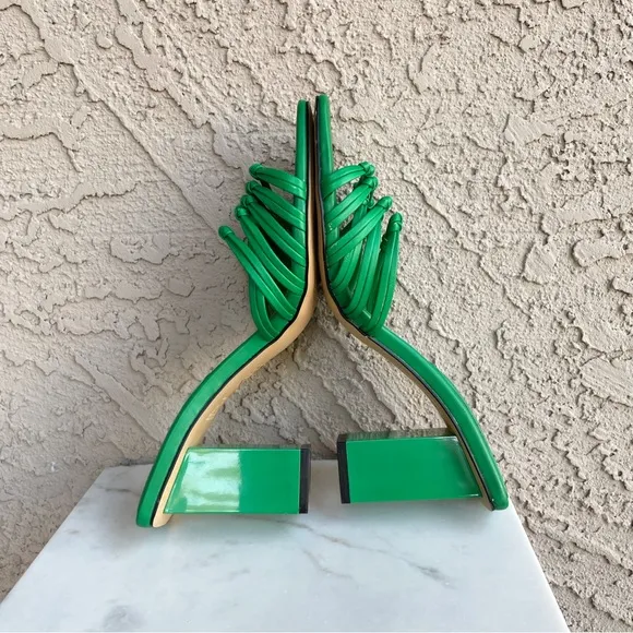 ZARA Kelly Green Strappy Open Toe Block Heel Knotted Leather Sandal Heels Sz 38