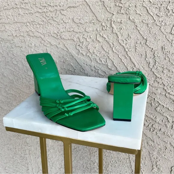 ZARA Kelly Green Strappy Open Toe Block Heel Knotted Leather Sandal Heels Sz 38