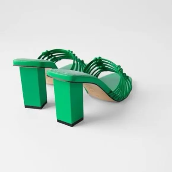 ZARA Kelly Green Strappy Open Toe Block Heel Knotted Leather Sandal Heels Sz 38