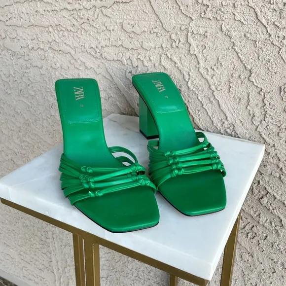 ZARA Kelly Green Strappy Open Toe Block Heel Knotted Leather Sandal Heels Sz 38