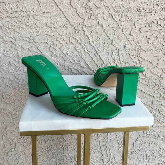 ZARA Kelly Green Strappy Open Toe Block Heel Knotted Leather Sandal Heels Sz 38